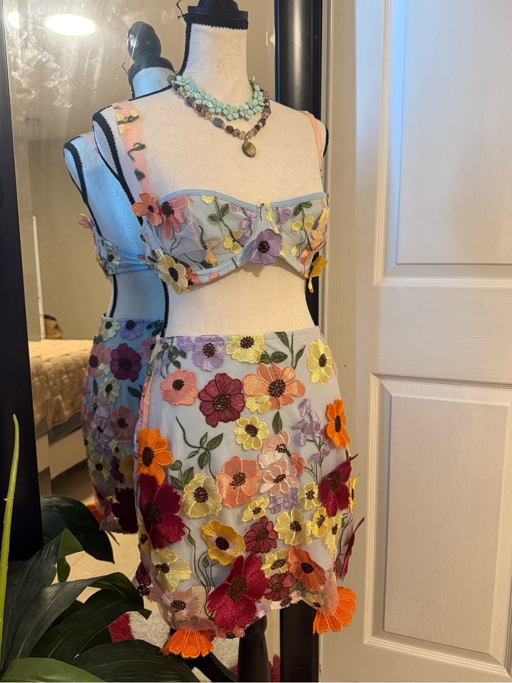 Finesse Light Blue Two-Piece Floral Embroidered Mini Set